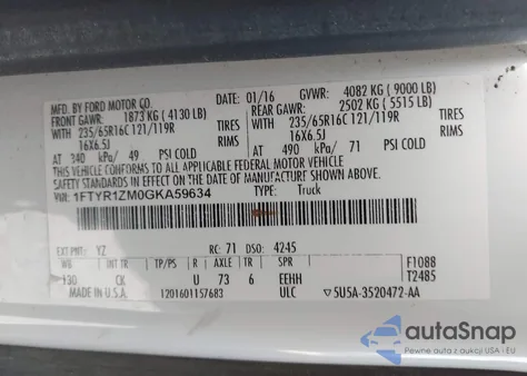 2016 Ford Transit-250 из США, поврежденный, VIN 1FTYR1ZM0GKA59634